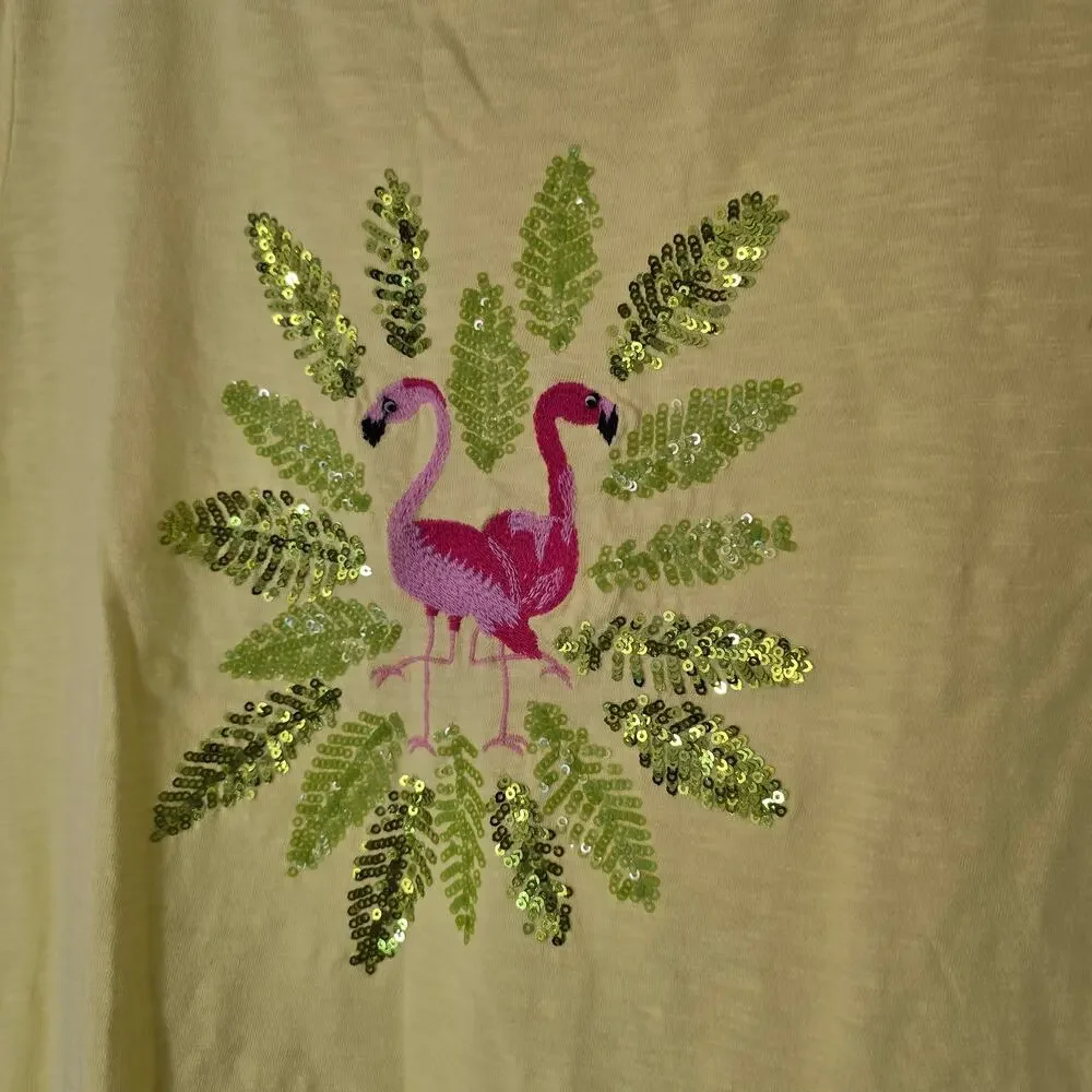 Talbots Petite Sequin Flamingo Tee Shirt Yellow Casual Beach Vacation Size LP - Picture 3 of 8